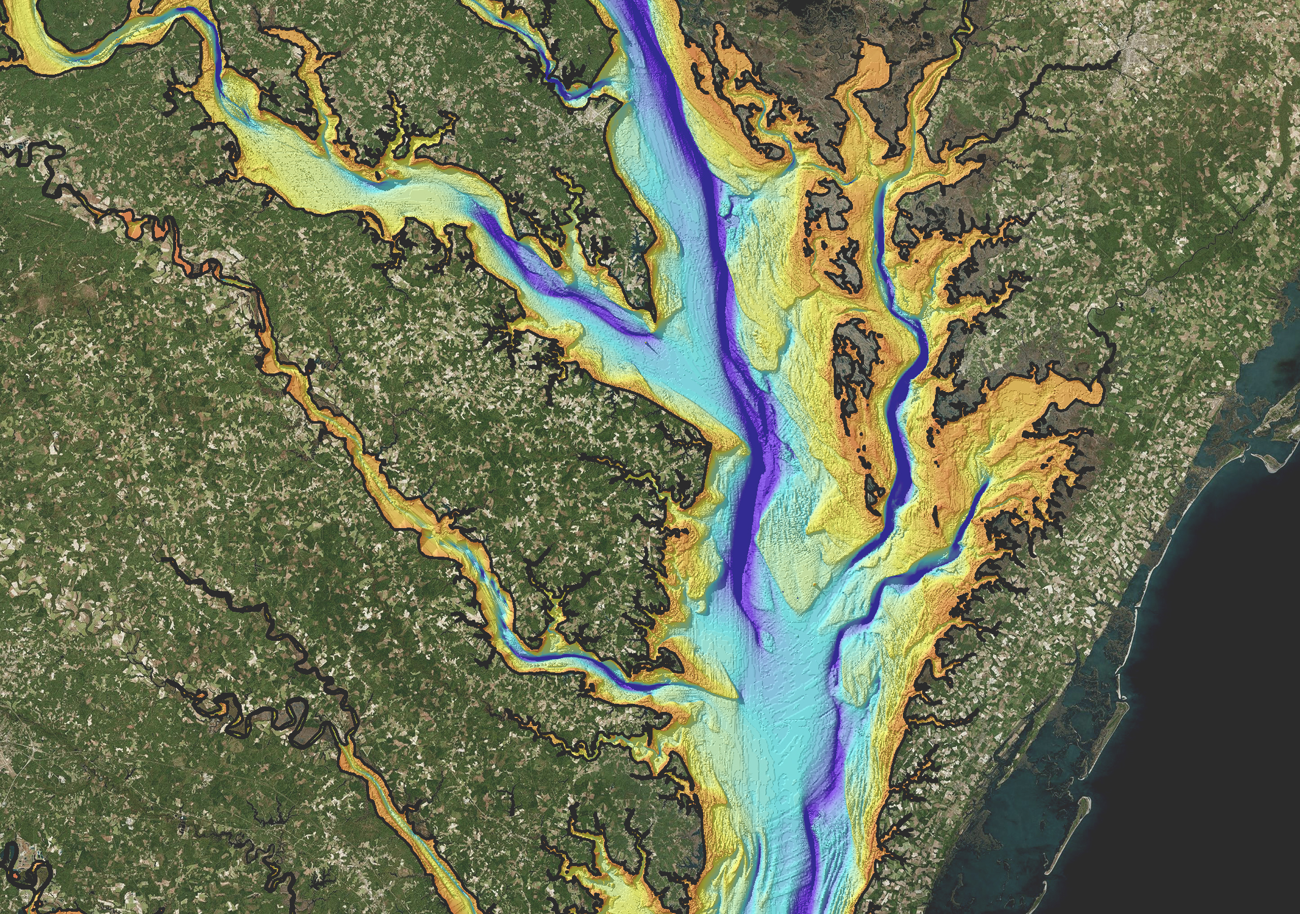 Une image de télédétection d’une rivière présente un dégradé  de bleu foncé, de bleu clair, de jaune et d’orange indiquant le débit de l’eau