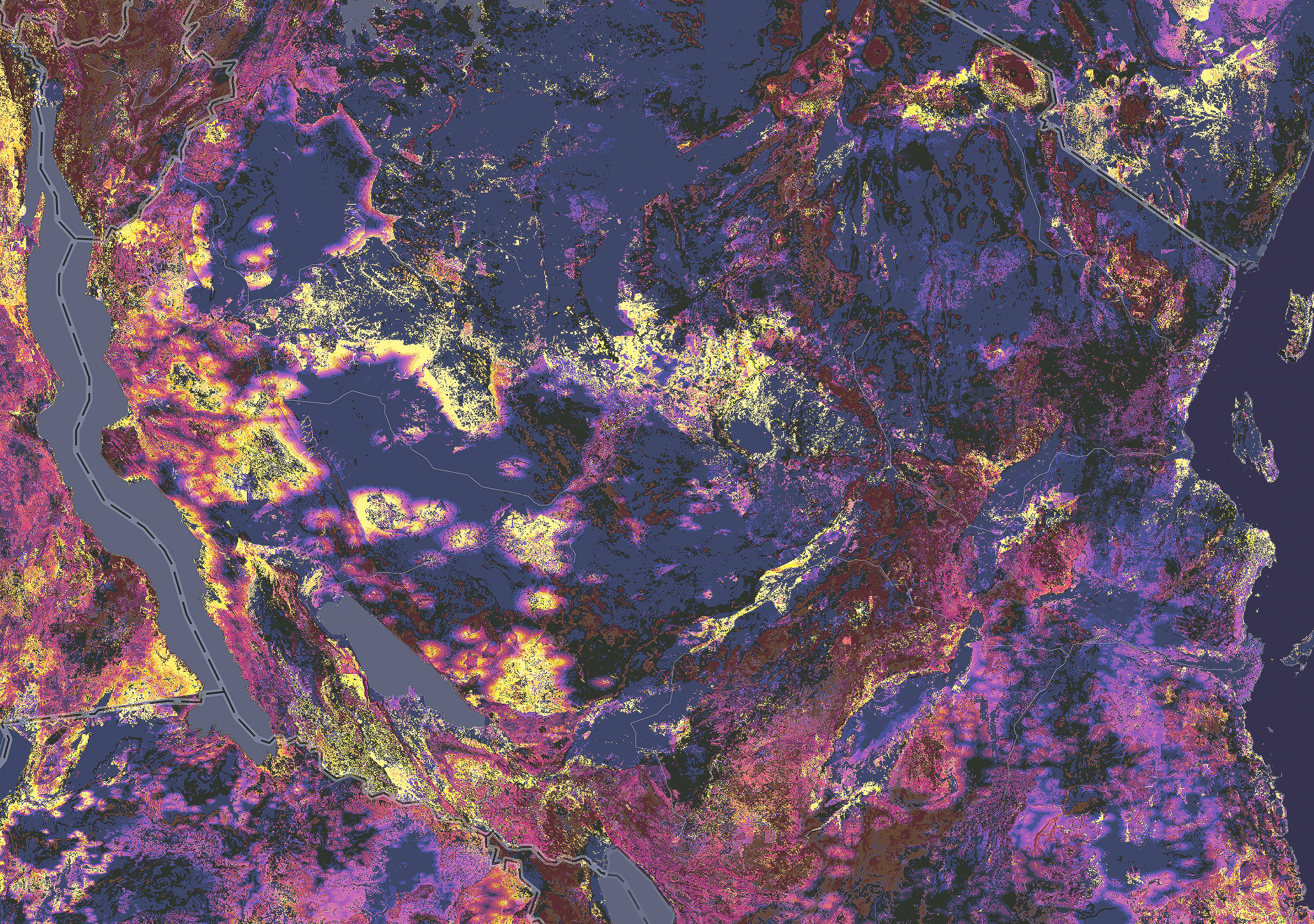 Une carte du littoral présente les données de télédétection d’un terrain à proximité dans des teintes de pourpre, de marron, de rose et de jaune