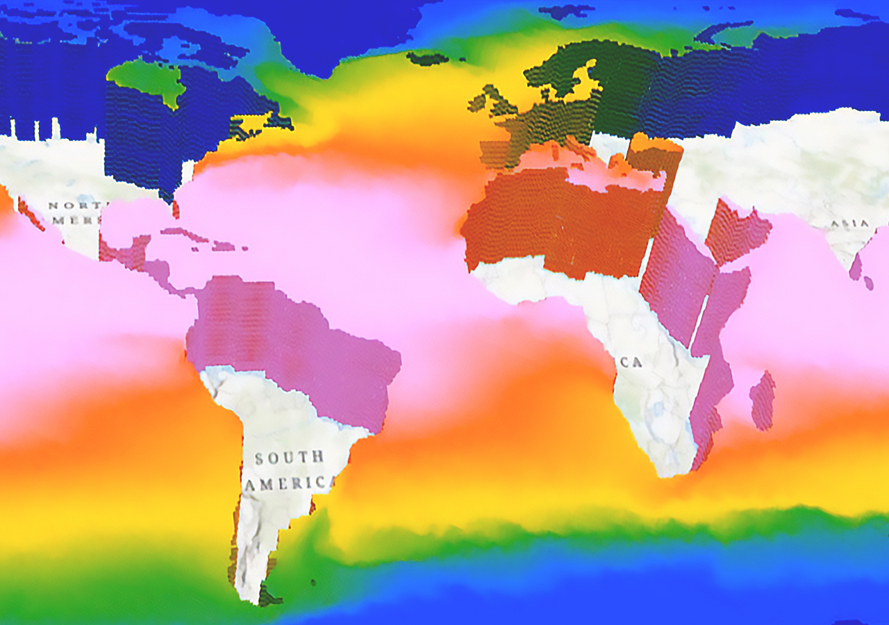 Une carte de l’océan à proximité de l’Amérique du sud et de l’Afrique présente des couches de voxel 3D dans un dégradé de rose, de rouge, de jaune, de vert et de bleu