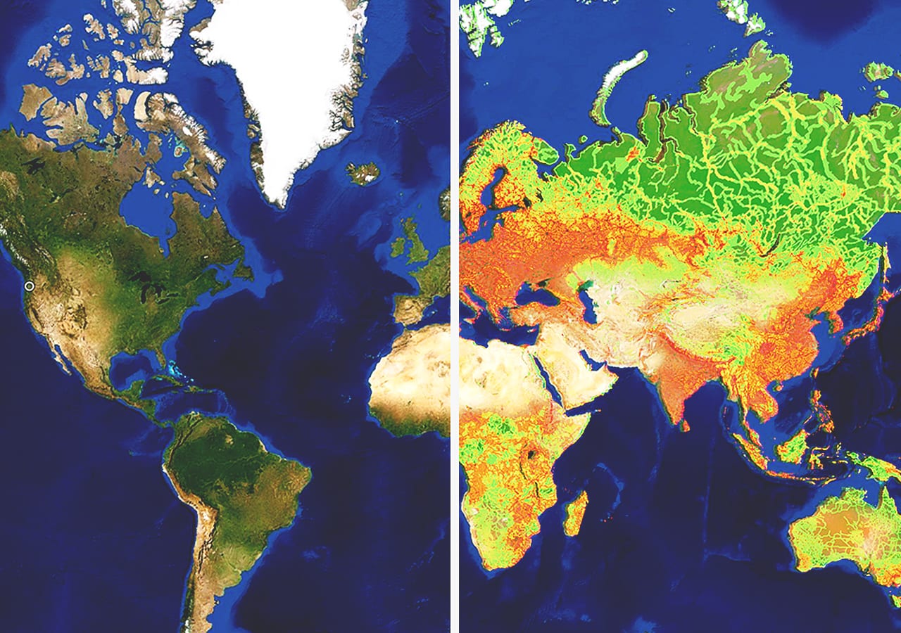 Carte du monde avec un curseur affichant deux superpositions différentes pour les hémisphères est et ouest