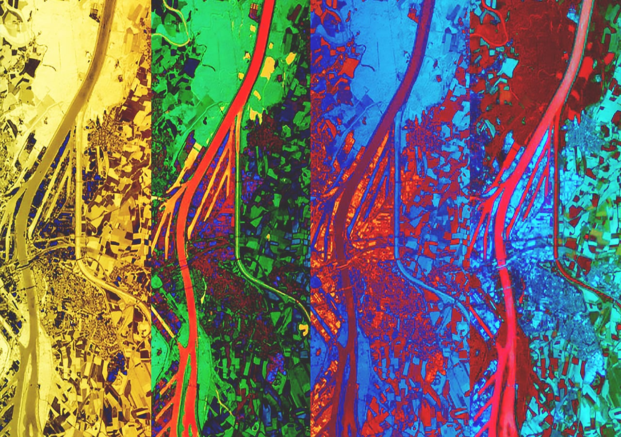 Quatre panneaux affichent une image dans différents coloris, indiquant plusieurs manières d’interpréter et de visualiser les données de télédétection