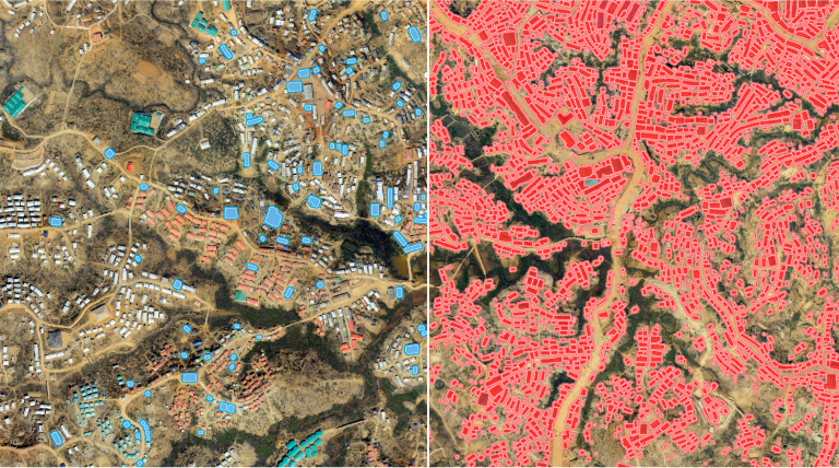 Une image de drone du camp de réfugiés Kutupalong au Bangladesh montre les tentes et latrines en rouge et bleu.