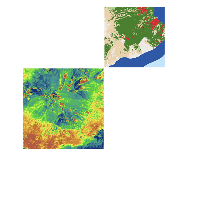 Les images satellite de différents paysages représentent des couches de données télédétectées dans des parcelles en rouge, vert et orange