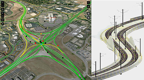 Vue oblique d’une zone avec des propositions d’itinéraires de transport en vert à côté d’un modèle 3D de voies ferrées