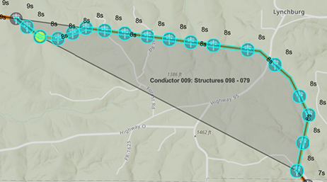 Carte de Lynchburg, en Virginie, avec des points bleus qui représentent des données BIM
