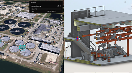 Image divisée avec une photo aérienne d’un complexe industriel à gauche et un modèle de bâtiment 3D en gris et rouge à droite