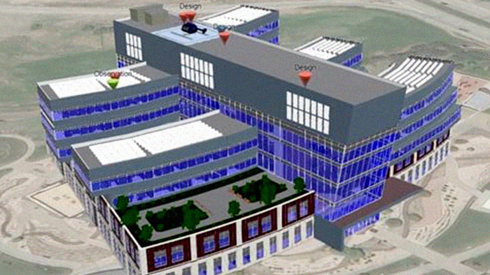 Modèle 3D d’un vaste bâtiment de bureaux ombré de bleu et gris avec des points cartographiques étiquetant différentes parties de la structure