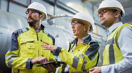 Trois ingénieurs de l’industrie lourde se tenant debout dans une usine, utilisant une tablette et discutant de la conception