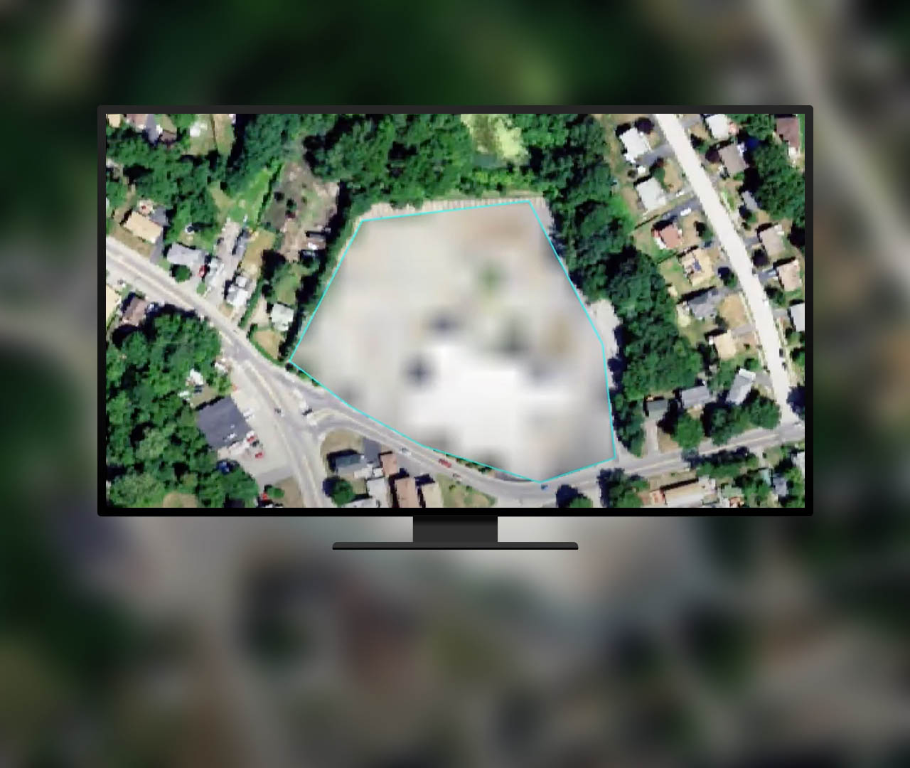 Vue aérienne d’un quartier en forme de cerf-volant flouté avec un contour bleu