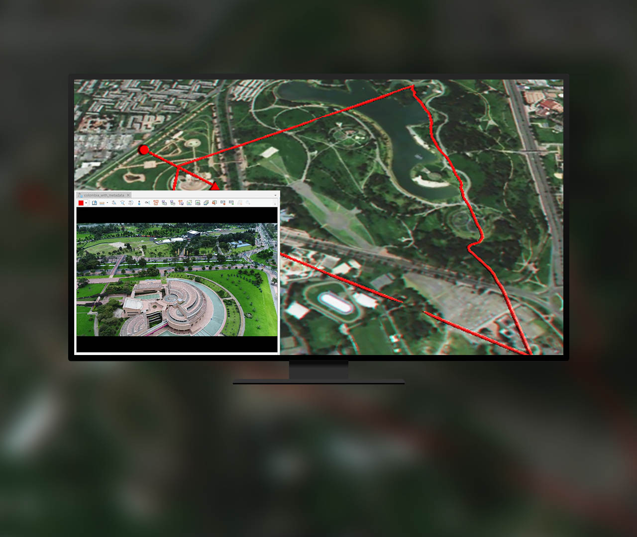 Gros plan et vue aérienne large d’un bâtiment circulaire entouré de pelouses et d’arbres, avec un triangle rouge tracé autour d’une zone de la vue large