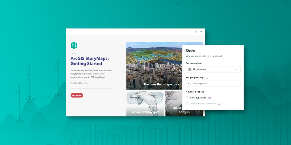 Page Web avec les mots ArcGIS StoryMaps en bleu et une image en encart avec une fenêtre contextuelle blanche contenant du texte et des icônes 
