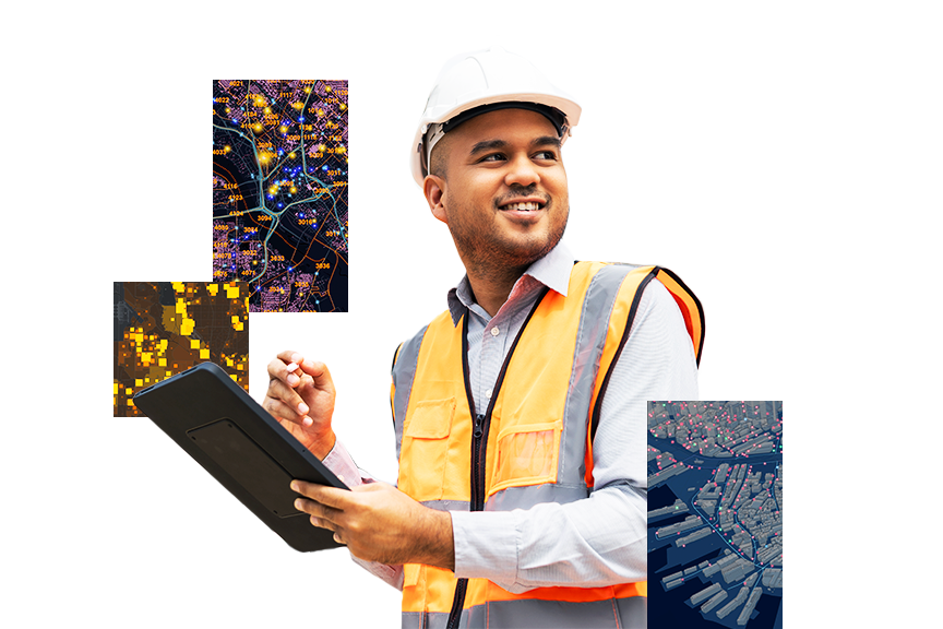 Homme portant un gilet orange et un casque de chantier blanc, tenant une tablette à la main avec une image en encart représentant une carte avec des points de données jaunes