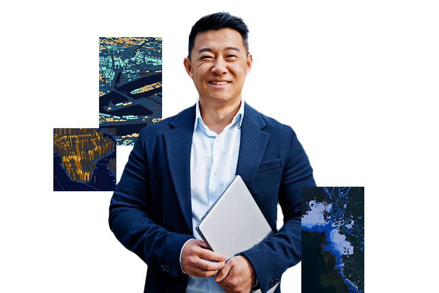 Professionnel en veston bleu tenant un ordinateur portable gris métallisé avec 3 images en encart représentant des cartes