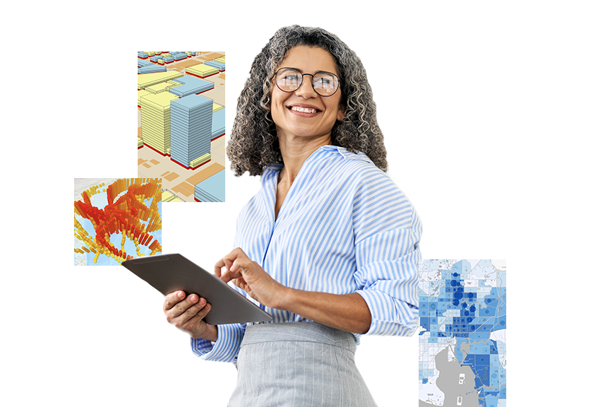Femme souriante portant un haut rayé bleu qui saisit du texte sur une tablette avec des images en encart d’une carte et de bâtiments en 3D