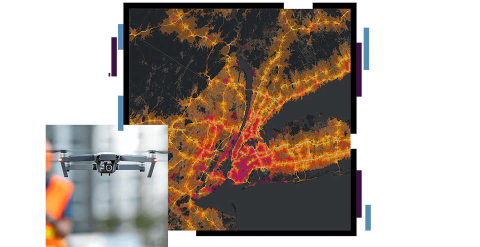 Carte de densité en jaune et rose sur un arrière-plan noir, recouverte d'une photo en gros plan d'un drone en plein vol