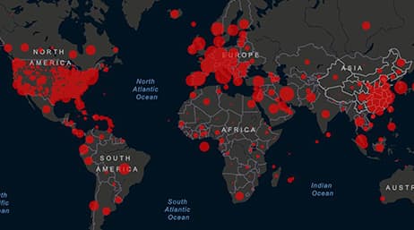 Carte du monde bleu-gris comportant des cercles rouges