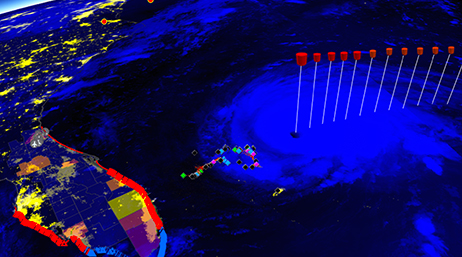 Rendu 3D de la Terre affichant l’évaluation des dommages provoqués par l’ouragan Dorian