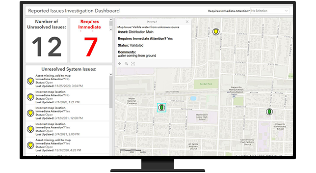 Tableau de bord des investigations sur les problèmes signalés avec carte