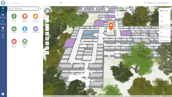 Modèle 3D d’un complexe de bureaux en gris, violet et bleu entouré d’arbres verts