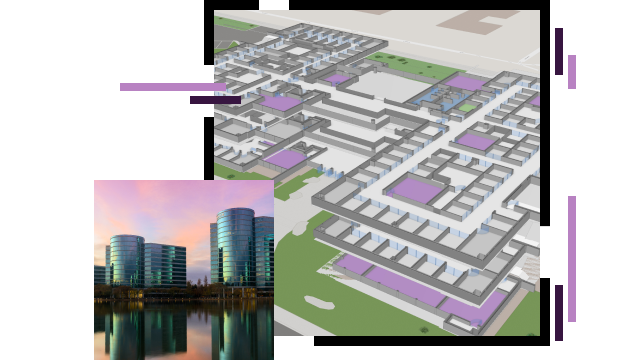Modèle Indoor 3D d’un complexe de bureaux recouvert d’une photo de gratte-ciel modernes réfléchissant un coucher de soleil rose et orange