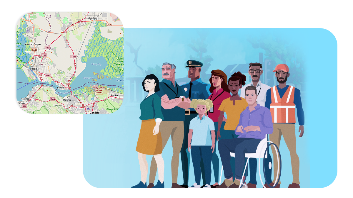 Illustration d’un groupe diversifié de personnes recouverte par une image de carte,Illustration d’un groupe diversifié de personnes recouverte par une image de carte