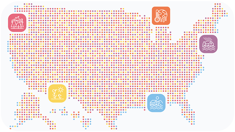 Illustration représentant les États-Unis couverts de petits points et recouverts de petites icônes de différentes couleurs