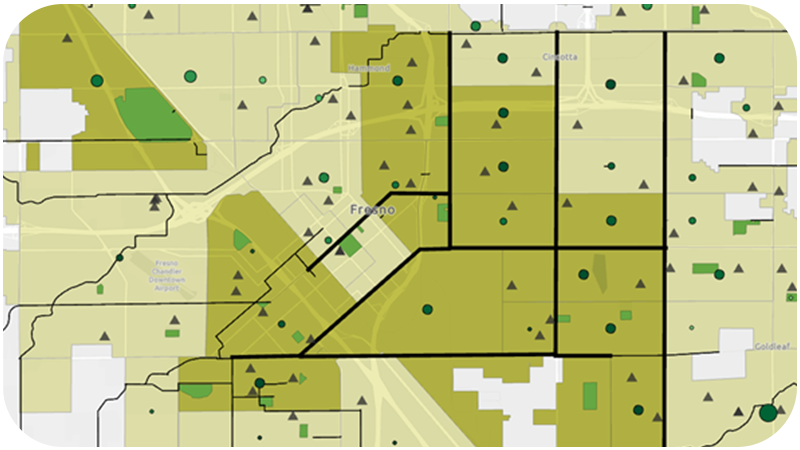 Carte affichant des limites et différentes régions dans diverses nuances de vert avec de petits points disséminés
