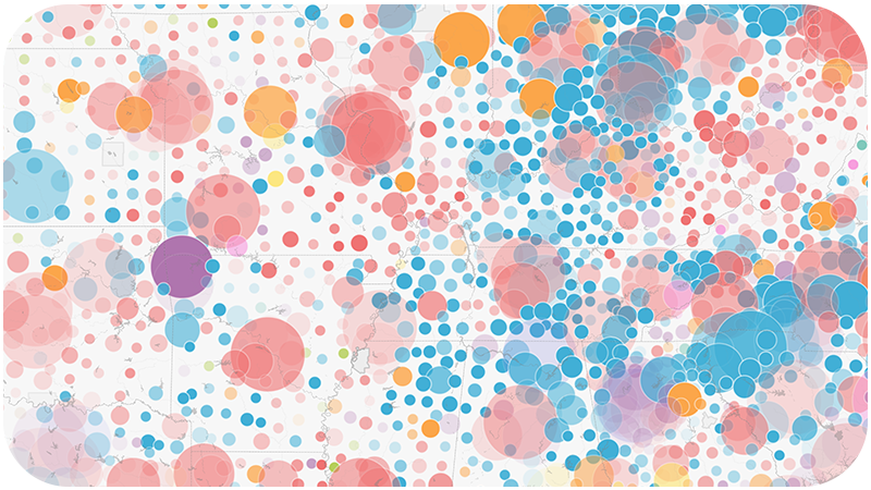 Carte identifiant les agrégats de données avec des cercles de tailles et couleurs différentes