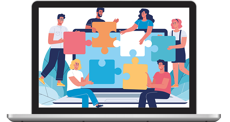 Ecran d'ordinateur portable affichant des personnes diverses assemblant un puzzle