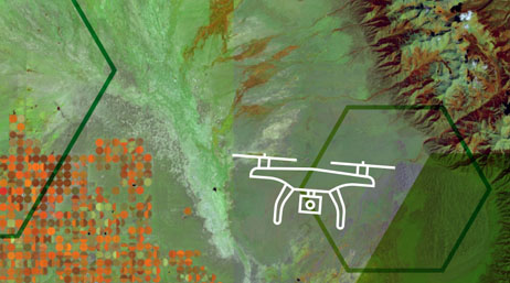 Illustration verte et orange affichant des parties d’une carte et une icône d’un drone