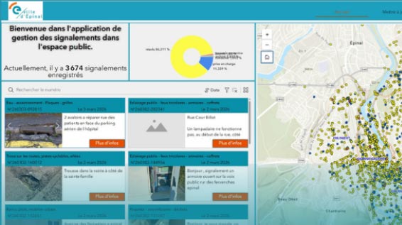 Tableau de bord de l'application de gestion des signalements dans l'espace public de la ville d'Epinal