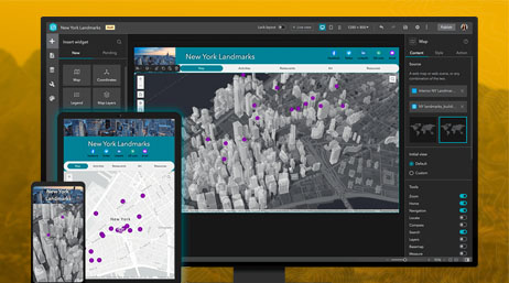Application créée avec ArcGIS Experience Builder avec une carte 3D qui montre l’emplacement des repères à New York