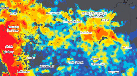 Carte de densité en bleu, jaune, orange et rouge sur un arrière-plan gris foncé