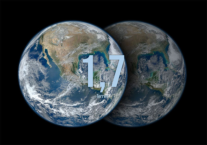 Deux Terres, avec écrit "1,7" au centre