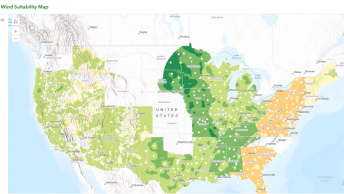 Carte blanc et bleu pâle des États-Unis recouverte de points agrégés avec des régions ombrées de vert et d’orange clairs et foncés