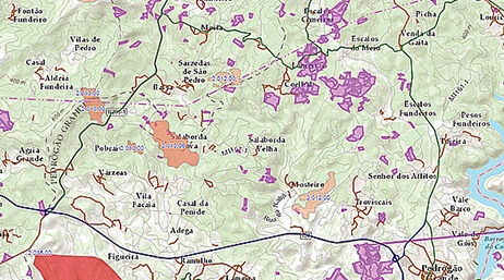 Carte d’isolignes comportant des zones ombrées en violet et en rose sur un arrière-plan vert clair