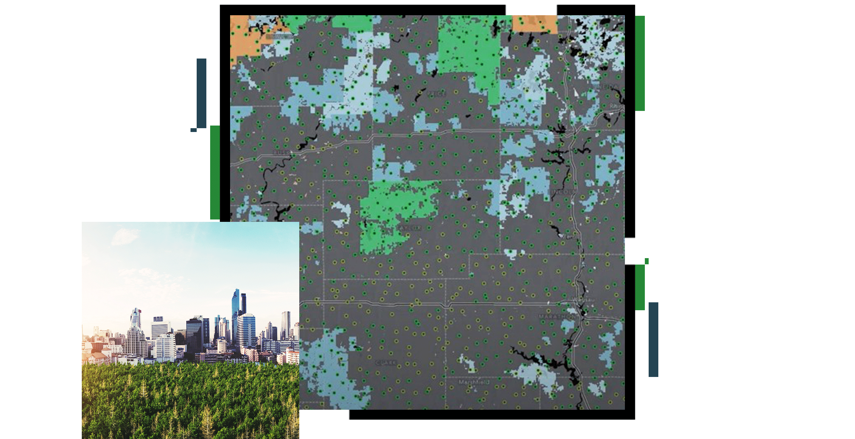 Carte grise et bleue avec des sections de couleur verte et de petits points jaunes, sur laquelle est superposée une photo représentant des cimes d’arbres et un paysage urbain au loin