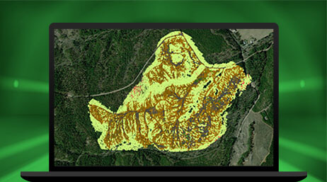 Image d’un écran d’ordinateur portable affichant une carte d’isolignes d’une forêt en vert foncé avec une zone asymétrique mise en évidence en jaune