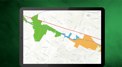 Tableau qui affiche une carte avec une zone en surbrillance orange, bleue et verte
