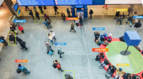 Personnes dans un aéroport. Certaines sont marquées comme "infectées"