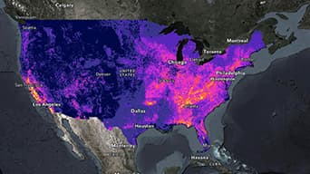 Carte de l’Amérique du Nord avec une carte de densité recouvrant les États-Unis dans des teintes d’orange, de rose et de violet
