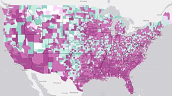 Carte de tableaux de bord bleus et violets des tendances dans les comtés américains