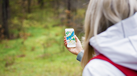 Un scientifique utilisant une application SIG sur son smartphone pour collecter des données dans une forêt