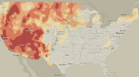 Carte des États-Unis montrant les conditions de sécheresse en jaune, en orange et en rouge