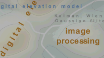 Gros plan du fond de carte Geospatial Technology, montrant des mots tels que « traitement d’image » et « modèle numérique d’élévation  » sur la carte