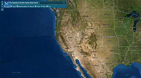 Carte topographique des États-Unis à côté d’une vaste étendue bleue de l’océan Pacifique avec une petite barre de menus d’options d’analyse