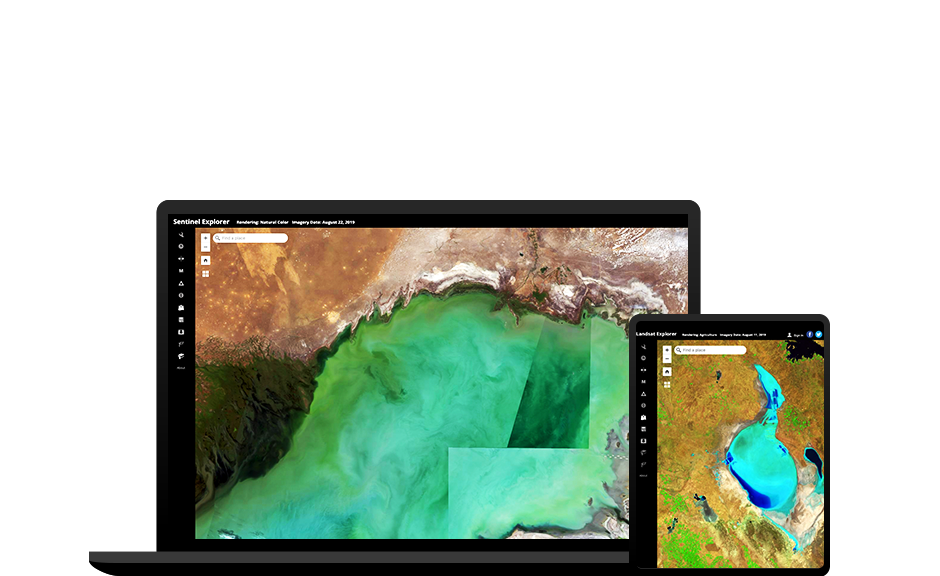 Photographie aérienne colorée de la Terre sur l’écran d’un ordinateur de bureau, avec divers modèles géométriques colorés en arrière plan