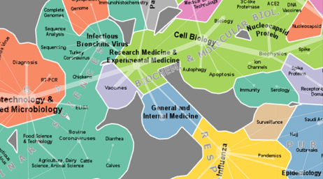 Carte de tableau de bord colorée des emplacements des zones de recherche dans lesquelles s’investissent les universitaires