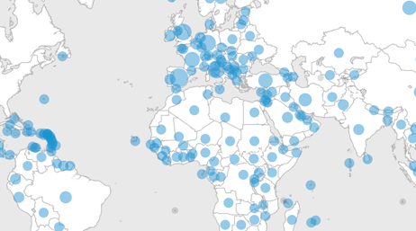 Carte blanche du globe parsemée de points d’emplacement bleus