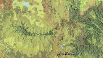 Carte d’isolignes d’une région vallonnée d’Australie dans les teintes vertes et marron